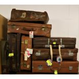 A collection of 12 varied varied items of leather Travel Luggage, mostly hand cases,