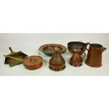 A good collection of mostly 19th Century solid copper Utensils, two graduating Measures,