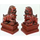 A pair of Chinese assimilated Cinnabar Temple Dogs, on rectangular bases, each approx.