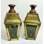 A pair of Victorian gilded brass Doorway or Wall Lights, with "VR" embossed, electrified,