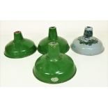 A set of five green painted dome shaped and enamel Ceiling Lights, by Benjamin, each approx.
