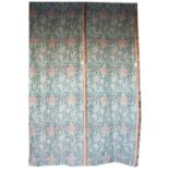 A fine pair of William Morris pattern pomegranate Curtains in green, red, dark blue and black,