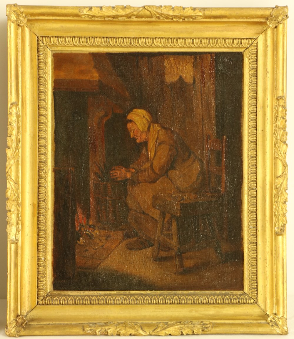 19th Century Continental School "Cottage interior scenes with peasants by kitchen fire," O.O.C.