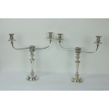 A very good pair of two branch, three light silver plated Candelabra, with gadroon rims etc., 45.
