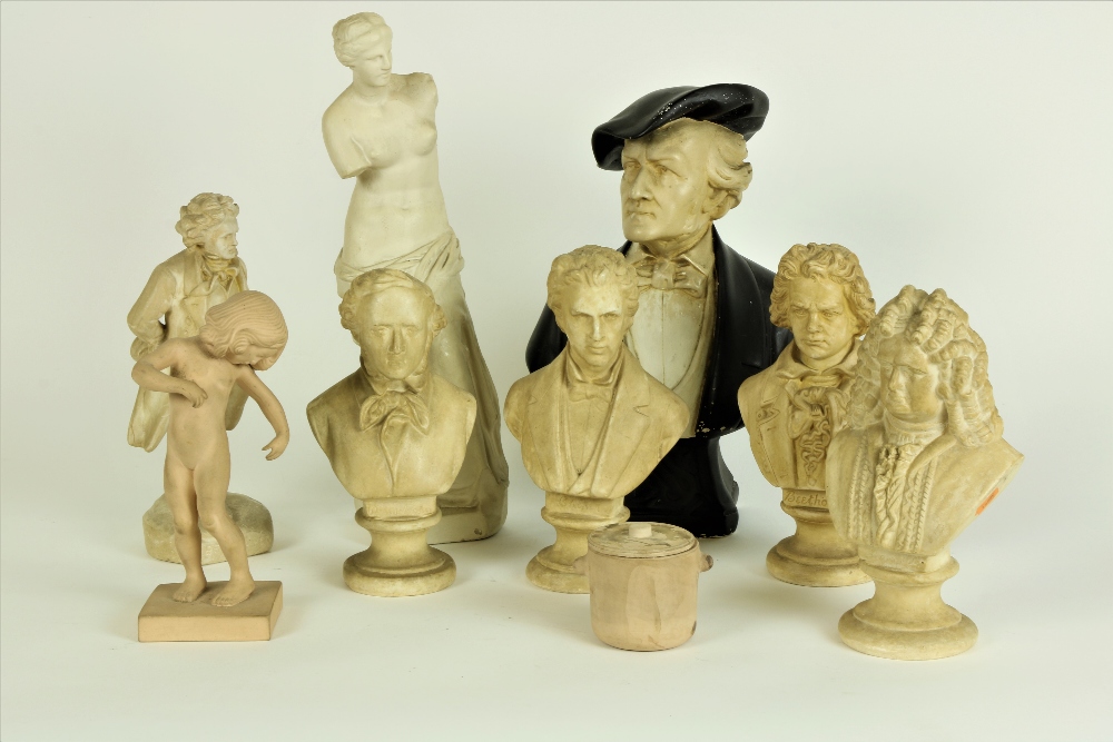 A group of varied small Chalk or Plaster Busts of Musicians mostly, Beethoven, Handel, Chopin, etc.