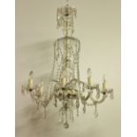 A three tier crystal 6 branch Ceiling Light, with multiple glass chains and drops, approx.
