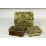 Three varied upholstered Sewing Boxes, two with embroidered tops and one dome topped.