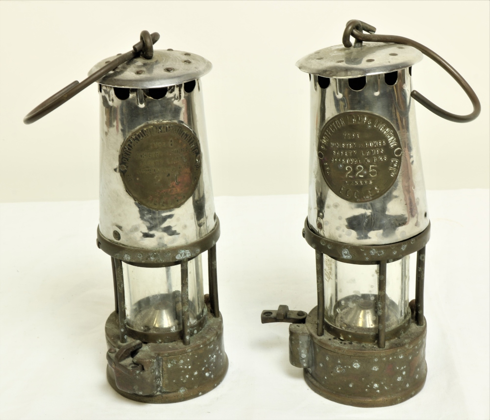 A pair of heavy 19th Century brass and chrome carbide Miners Safety Lamps.