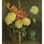McLochlan "Still Life of Flowers in a Vase, and with silver Teapot on a Table," O.O.C.