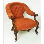 A very attractive early Irish Victorian carved rosewood Armchair, stamped 'Strahan, No.