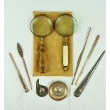 A collection of various Desk Implements, to include magnifying glasses,