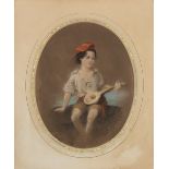 19th Century Continental School "Young Boy seated Holding a Mandolin," pastel on buff paper,