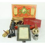 Military: A small box with military related items, a copper powder flask,
