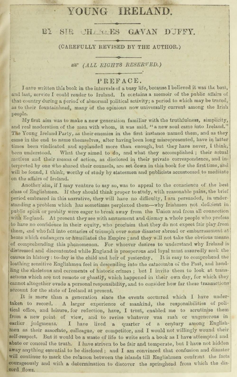 Gavan Duffy (Hon. Sir C.) Young Ireland A Fragment of Irish History 1840 - 45, 2 vols. in one 8vo L. - Image 3 of 5