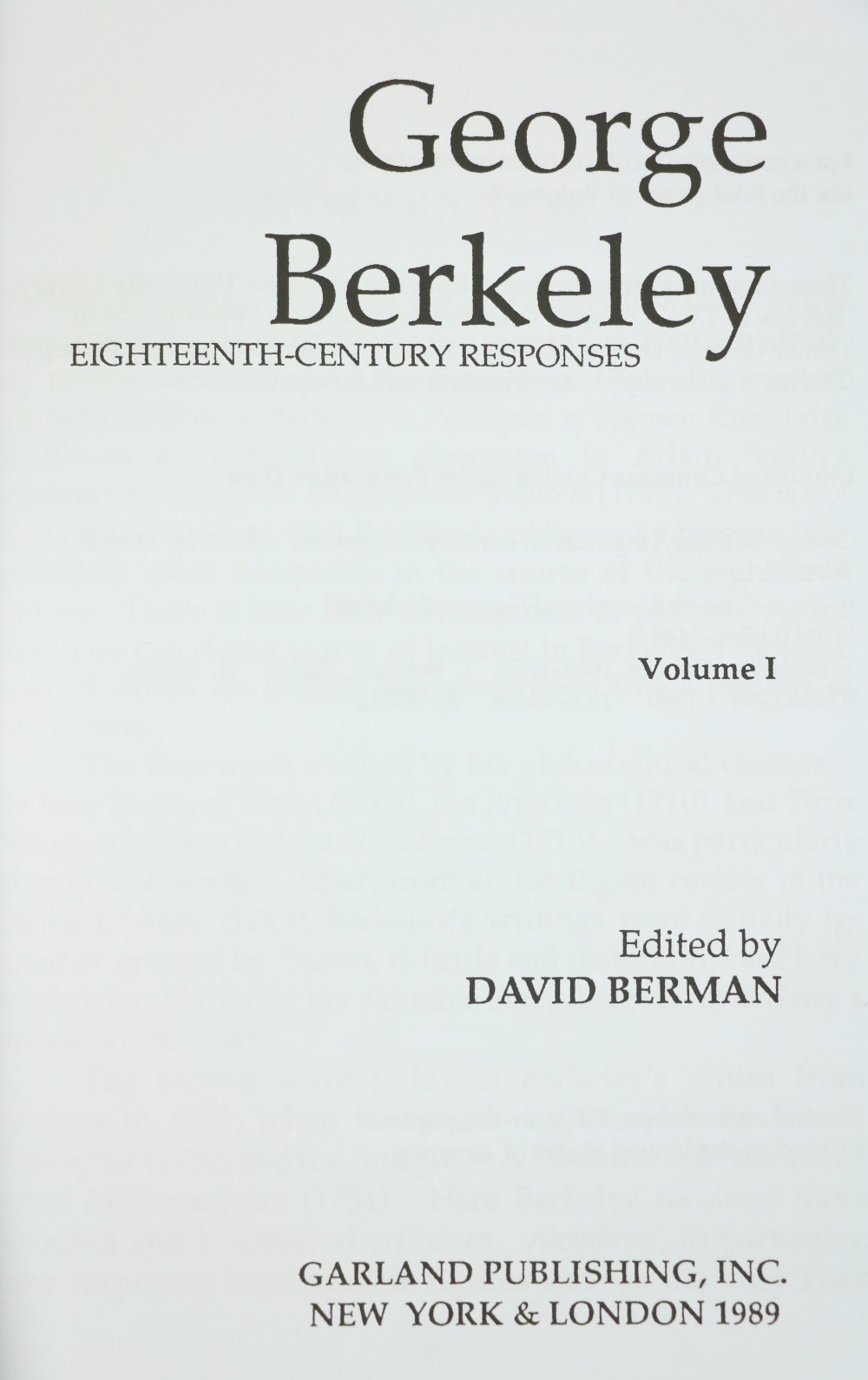 Berman (David)ed. George Berkeley, Eighteenth-Century Responses, 2 vols. 8vo N.Y. & Lond.