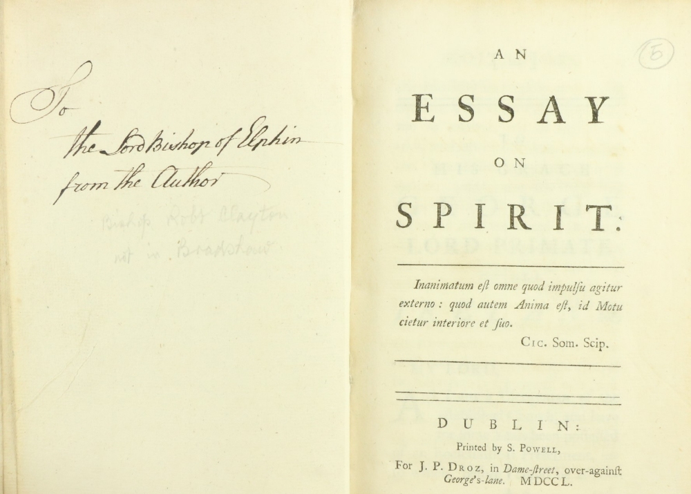 Very Rare Presentation Copy [Clayton (Bishop Robert)] An Essay on Spirit, 8vo D. (S. Powell, for J.