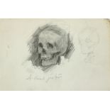 William Butler Yeats (1865 - 1939) "A dead Jester," pencil sketch of a skeleton head,