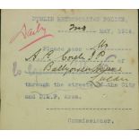 Dublin Metropolitan Police A cyclostyled and manuscript pass dated 2nd May 1916 allowing A.B.