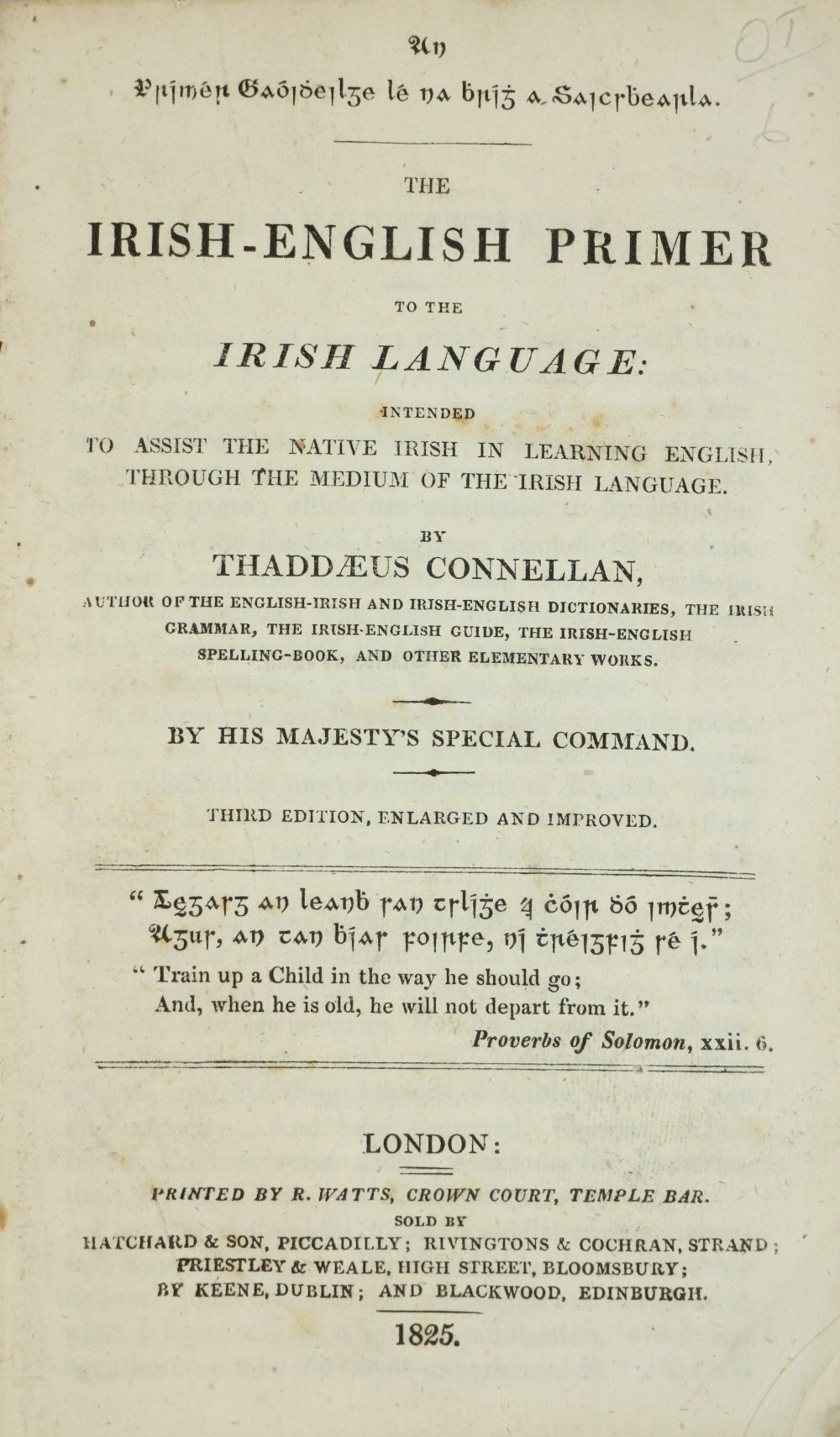 Irish Language: Connellan (Thaddaeus) The Irish-English Primer, sm. 8vo L. 1825. Third Edn., dbl.