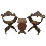 DUE POLTRONE SAVONAROLA ED UN TAVOLINO - TWO SAVONAROLA ARMCHAIRS AND A SMALL TABLE