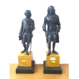 PAIR OF BRONZE STATUES - VOLTAIRE AND ROUSSEAU H: 17.75"-18.5"