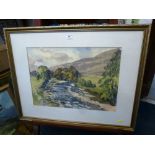 WATERCOLOUR OF RIVER SCENE BY E. CHARLES SIMPSON 14.5" X 20"