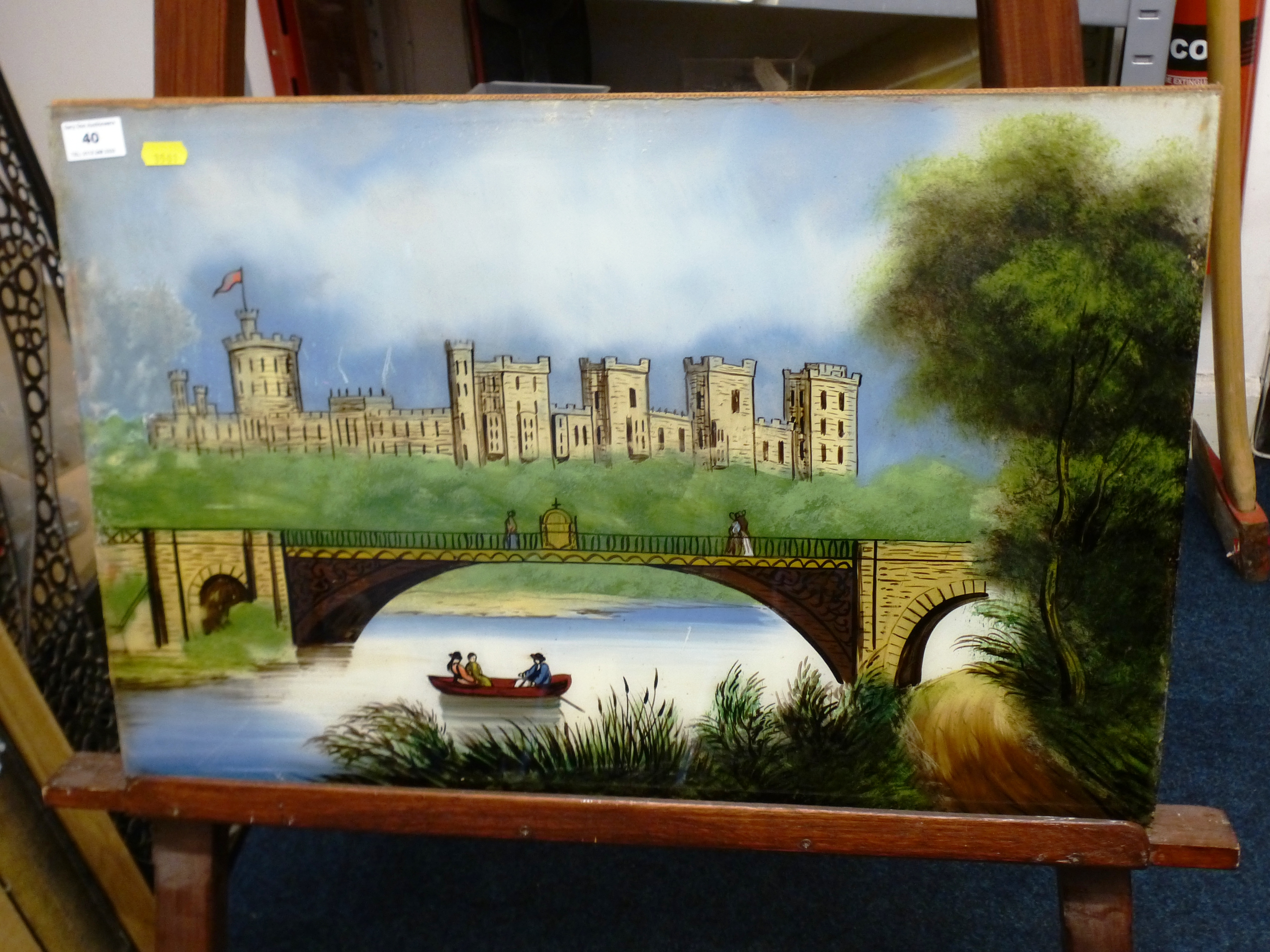 UNFRAMED PAINTING ON GLASS OF RIVER/CASTLE SCENE 16" X 24"