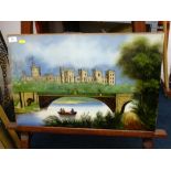 UNFRAMED PAINTING ON GLASS OF RIVER/CASTLE SCENE 16" X 24"