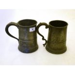 2 19TH CENTURY PEWTER QUART TANKARDS H: 6.25"