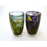 2 WHITEFRIARS GLASS VASES- PURPLE AND GREEN H:6.5"
