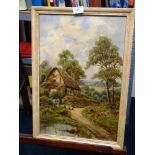 OIL PAINTING OF COTTAGE SCENE BY STANLEY CLARK 17.5" X 11.5"