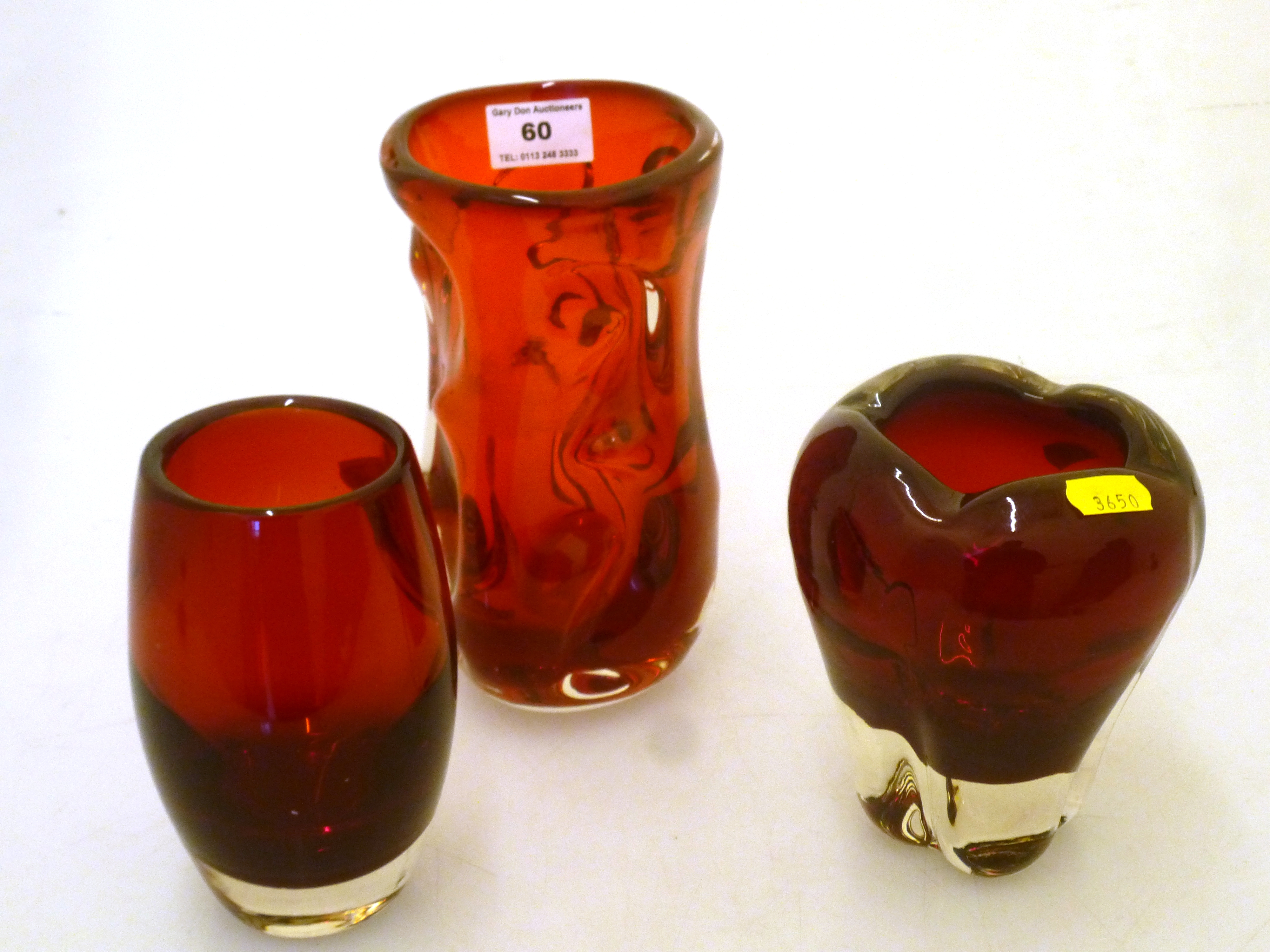 3 ASSORTED WHITEFRIARS RED GLASS VASES H: 5.5" - 7.5"