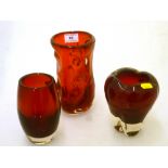 3 ASSORTED WHITEFRIARS RED GLASS VASES H: 5.5" - 7.5"