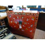 LARGE RED PAINTED CUPBOARD 44.5" X 44.75" X 25.5"