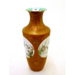 CHINESE RED AND GILT, FLOWER DECORATED VASE 13.5"
