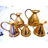 5 LARGE COPPER JUGS RANGING FROM 2 GALLONS TO HALF GALLON H: 9.25" - 16.5"