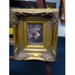 GILT FRAMED OILEOGRAPH OF WOMAN AND CHILD 6.5" X 4.5"
