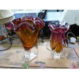 2 COLOURED GLASS VASES H: 9"-10.5"