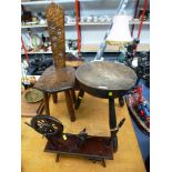 WOODEN STOOL (H: 13.5" D: 11.5") PUNISHMENT CHAIR (H: 26") AND MINIATURE SPINNING WHEEL 11" X 12"