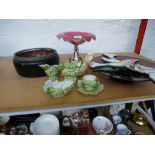 GRAPE SHAPED TEASET, 3 DISHES, SMALL JUG AND BOWL AND 3 BIRD SHAPED MIRRORS