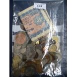 BAG OF ASSORTED UK AND FOREIGN COINS AND BANK NOTES