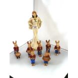 SET OF 7 RABBIT BAND FIGURES (H: 4.25") AND A CZECHOSLOVAKIA LADY FIGURE (H: 11.5")