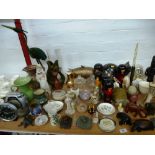 QUANTITY OF ASSORTED POTTERY AND OTHER ITEMS INCLUDING FIGURES, WOODWARE, ROYAL DOULTON MONK JUG,