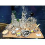 ASSORTED SILVER TOPPED AND RIMMED PERFUME BOTTLES, GLASS BOTTLES, SILVER NAPKIN RINGS, SILVER