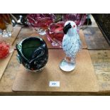 GLASS PARROT H: 7.5" PAPERWEIGHT AND GLASS OWL PAPERWEIGHT H: 5"