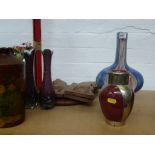 4 ASSORTED VASES, BOTTLE AND CARVED WOODEN STOOL