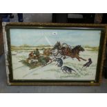 PAINTING OF HORSE DRAWN SLED AND WOLVES 17.5" X 28.25"