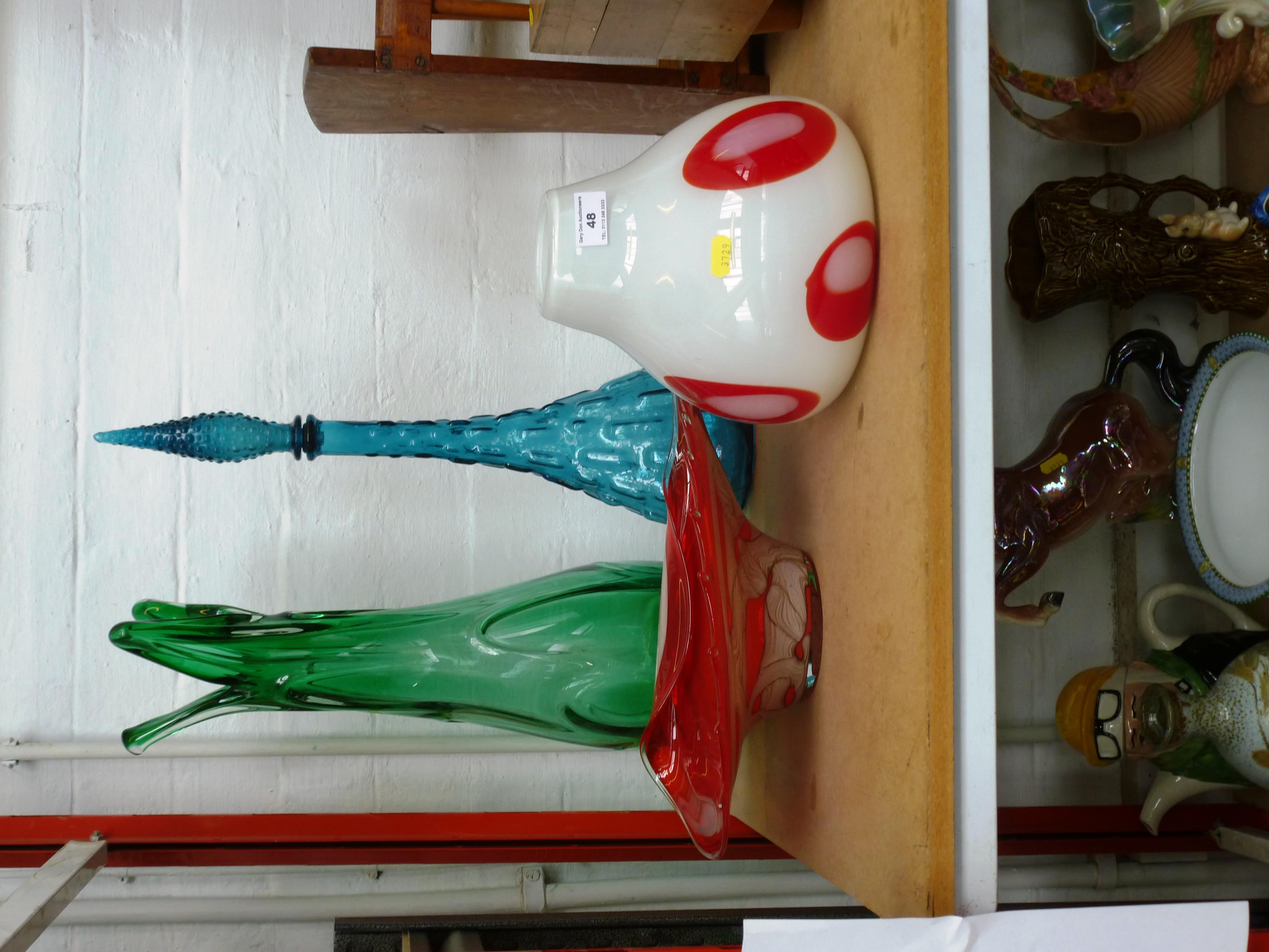 3 COLOURED GLASS VASES AND A COLOURED GLASS DISH