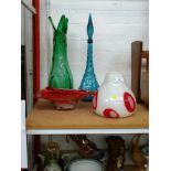 3 COLOURED GLASS VASES AND A COLOURED GLASS DISH