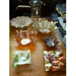 6 COLOURED GLASS DISHES AND GLASS VASE